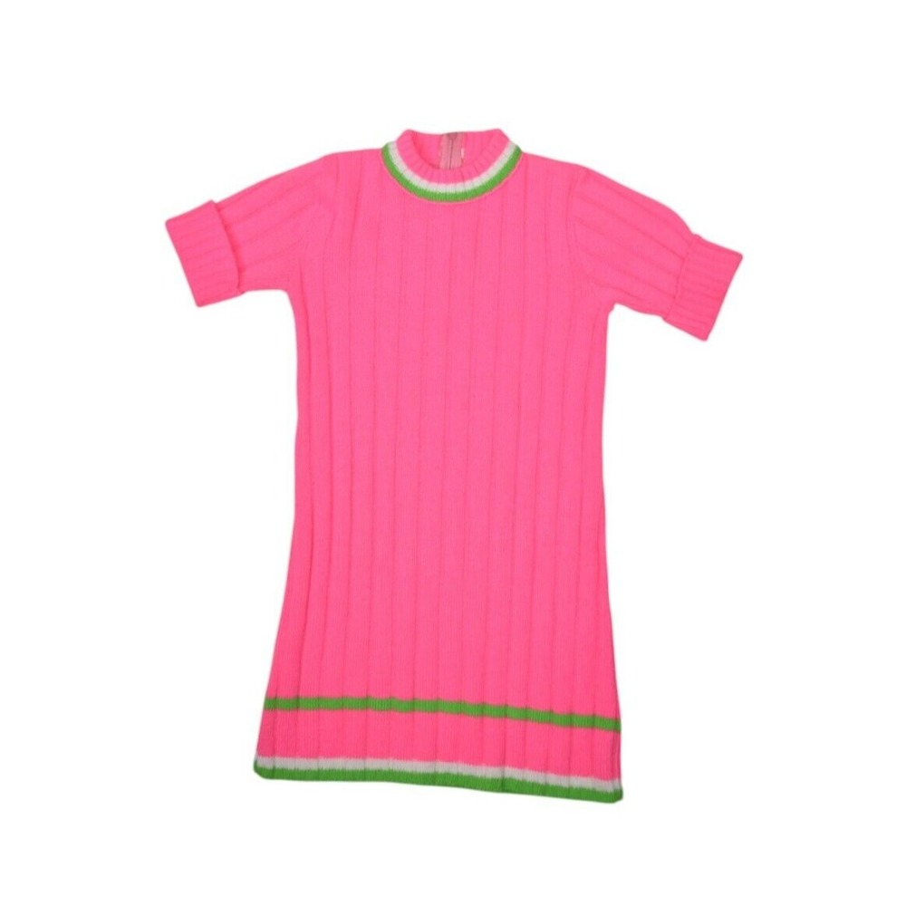 Vintage 60s Sweater Womens XS Neon Pink Ribbed Tennis Baby Short Sleeve Knit Top